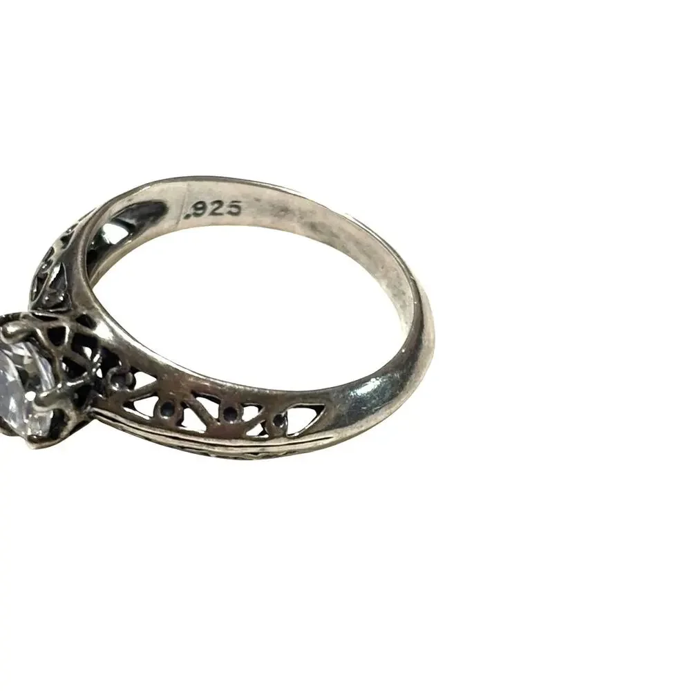CZ round Solitaire Cut Out Band Sterling Silver Ring Size 7
